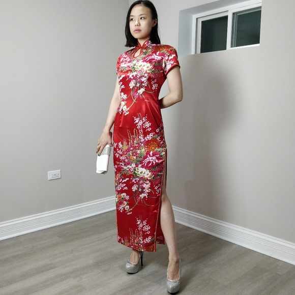 Dresses & Skirts - NWT Silky floral print red QiPao Cheongsam long